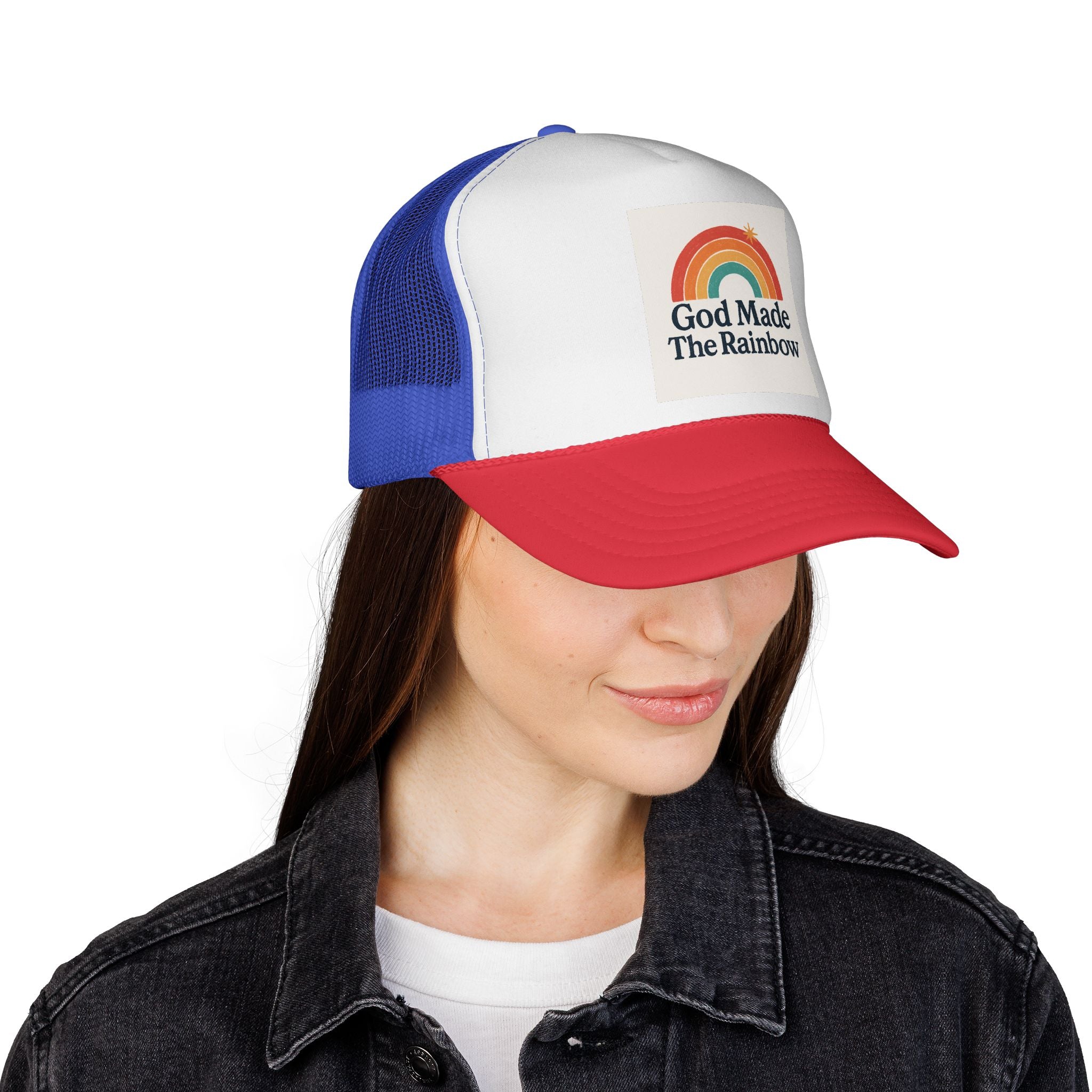 Rainbow Trucker Cap, Fun Outdoor Hat, Faith-Inspired Gift, God Made the Rainbow Cap