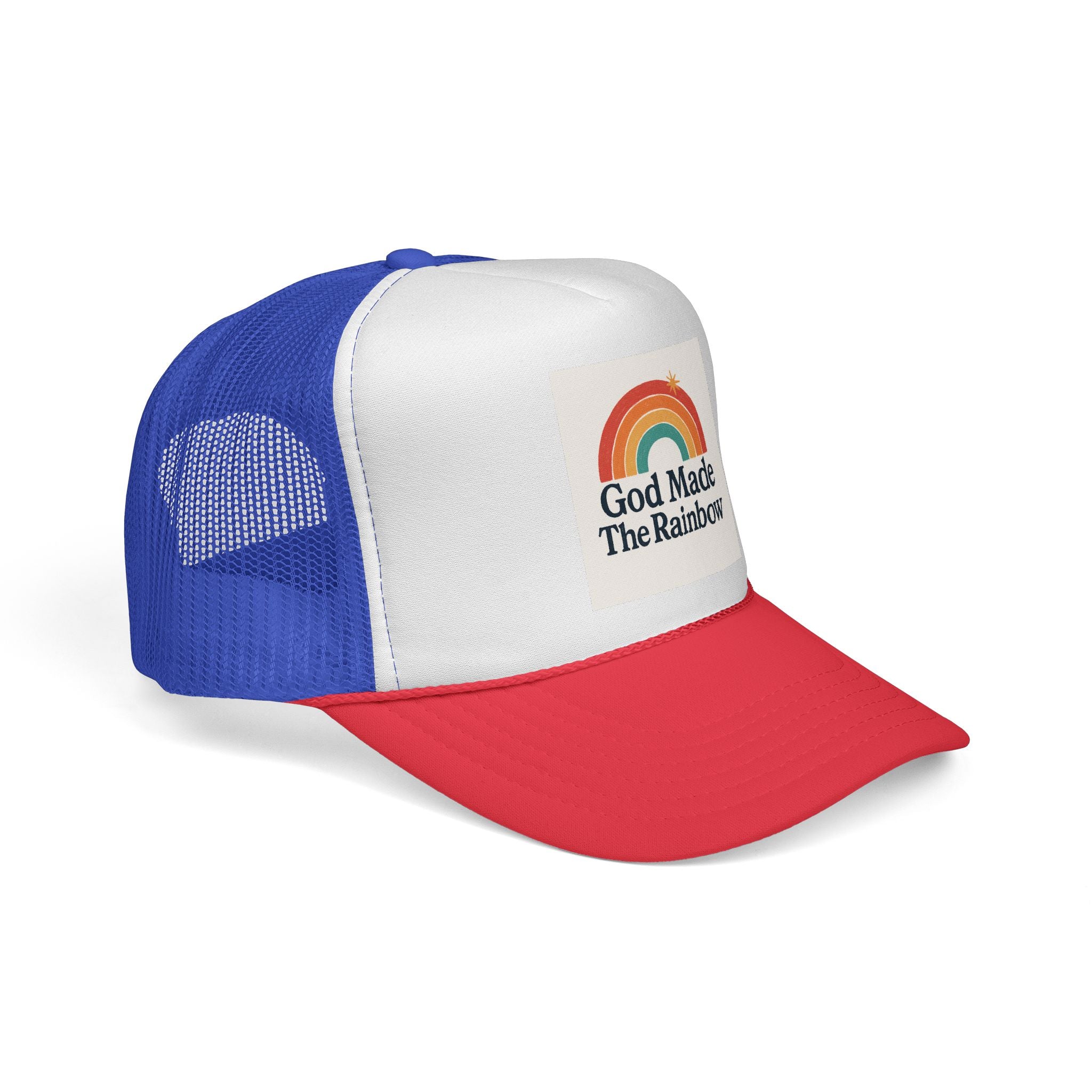Rainbow Trucker Cap, Fun Outdoor Hat, Faith-Inspired Gift, God Made the Rainbow Cap