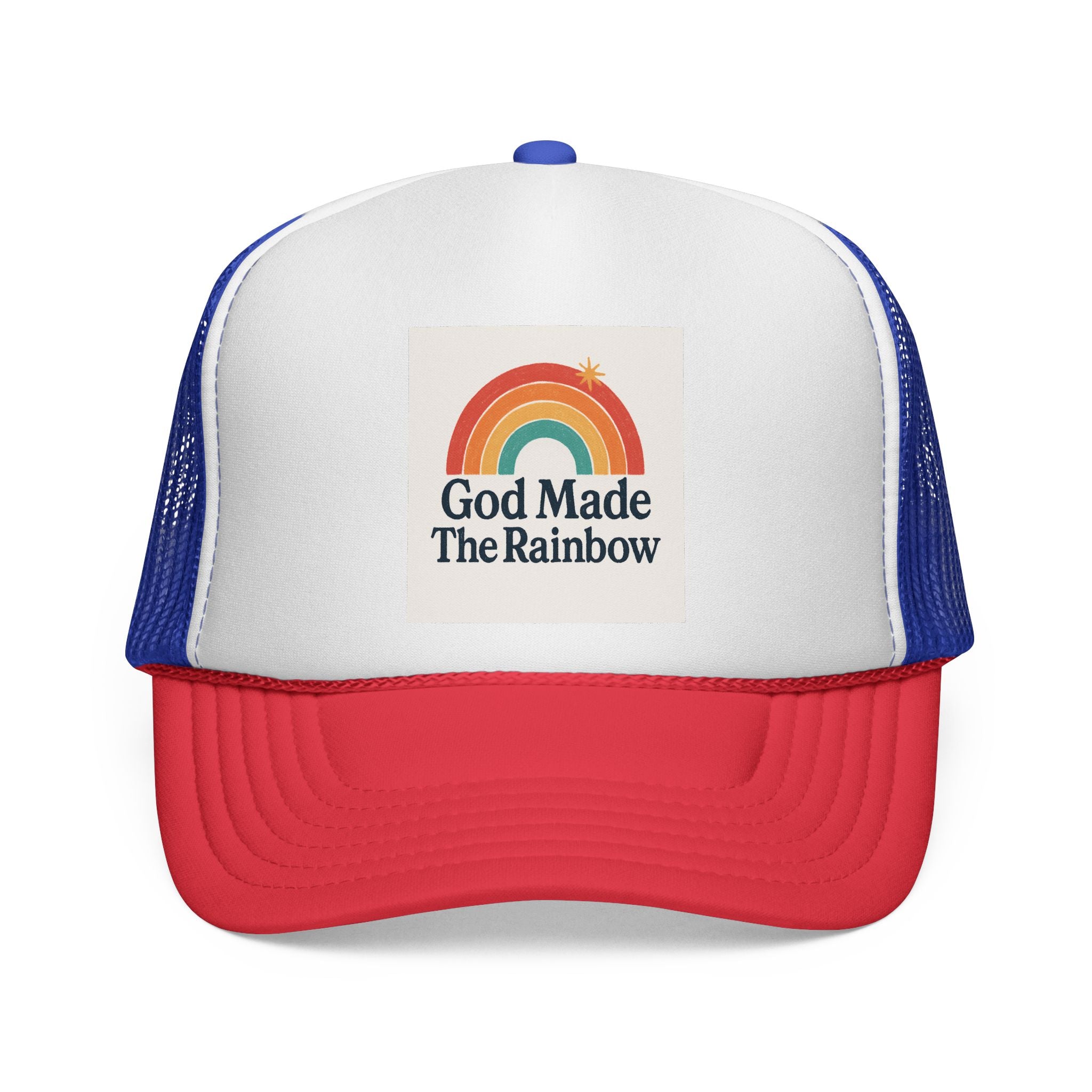 Rainbow Trucker Cap, Fun Outdoor Hat, Faith-Inspired Gift, God Made the Rainbow Cap